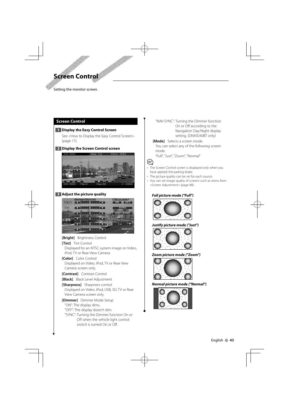 Screen control | Kenwood DNX9240BT User Manual | Page 43 / 100