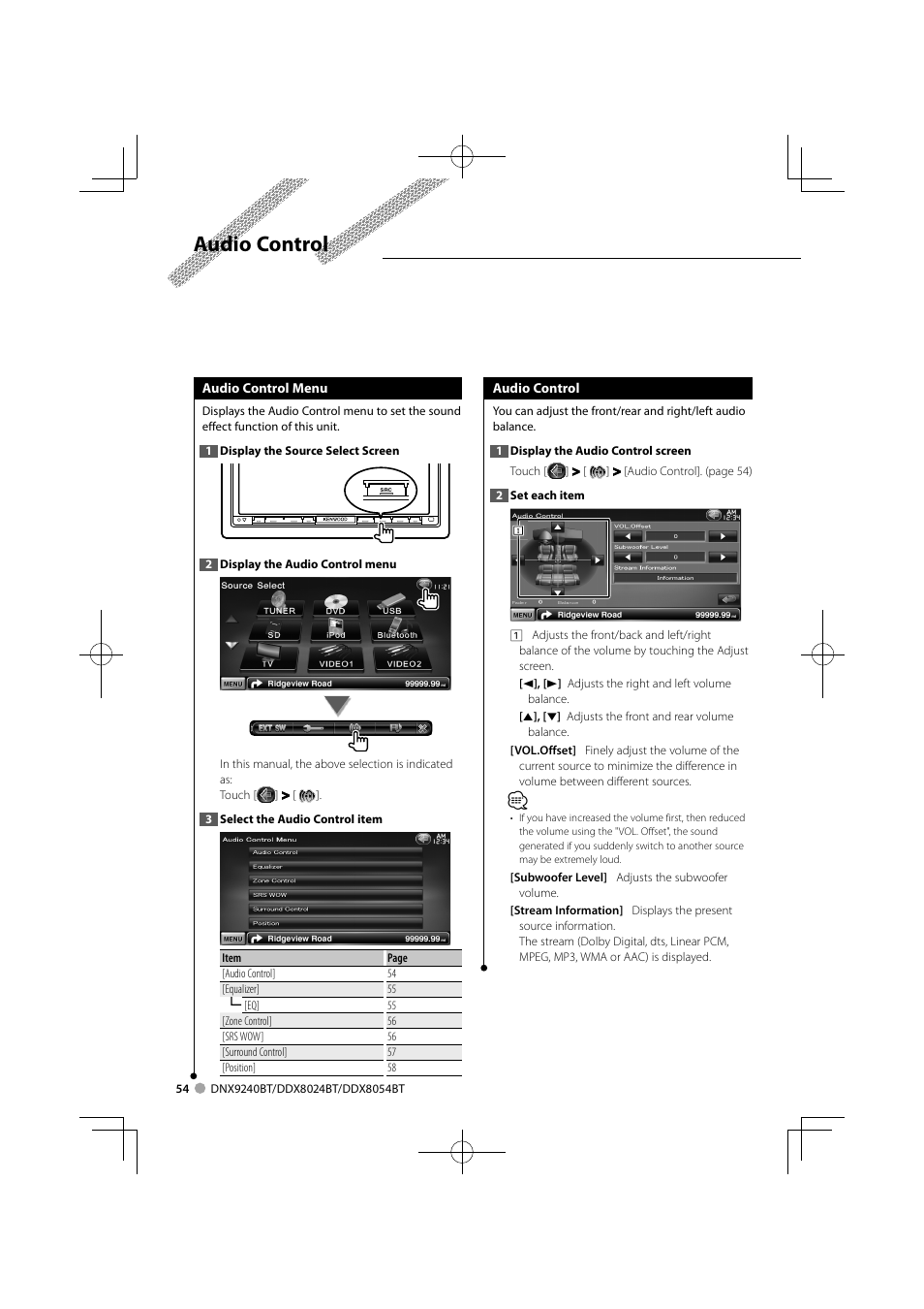 Audio control | Kenwood DNX9240BT User Manual | Page 54 / 100