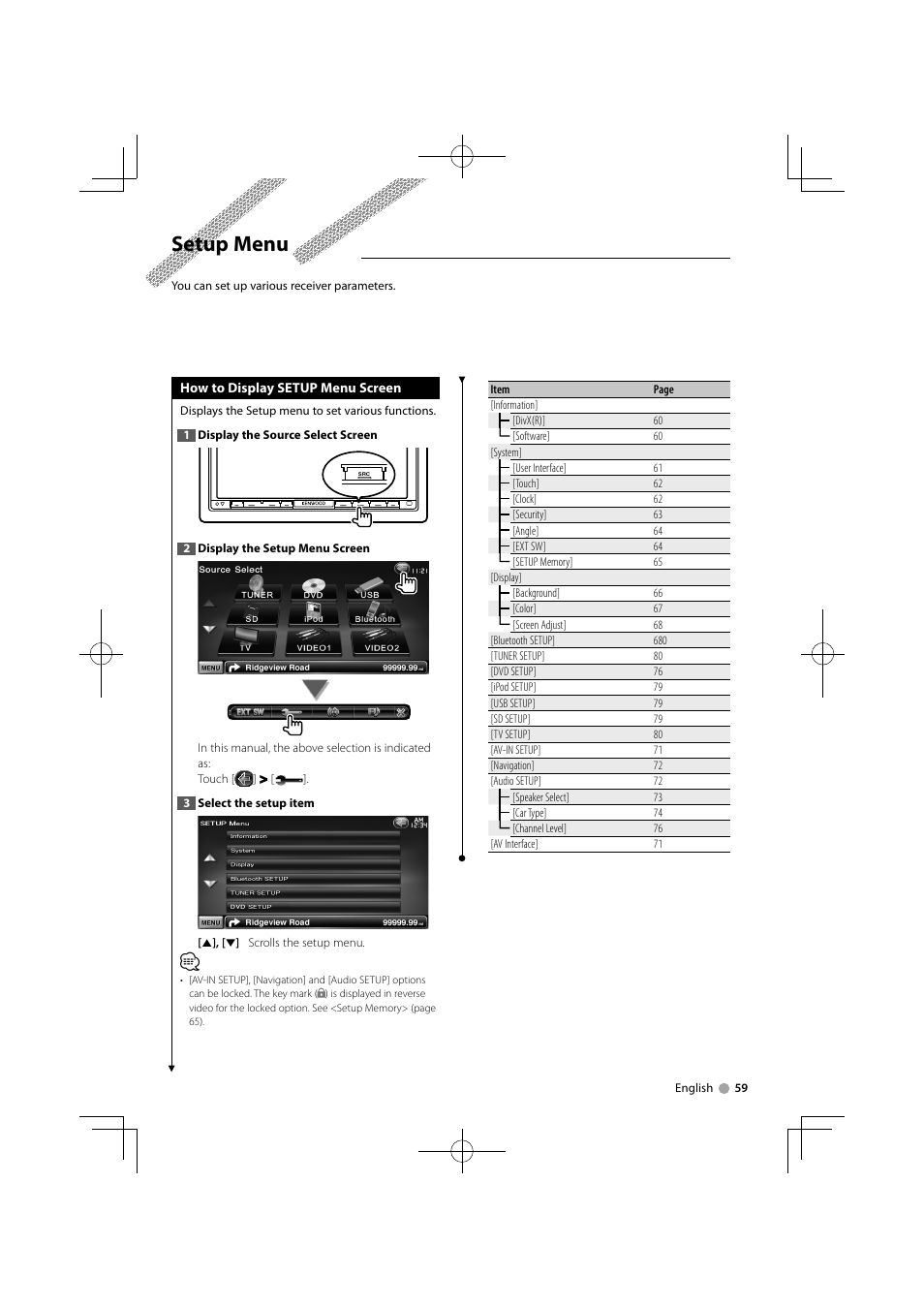 Setup menu | Kenwood DNX9240BT User Manual | Page 59 / 100