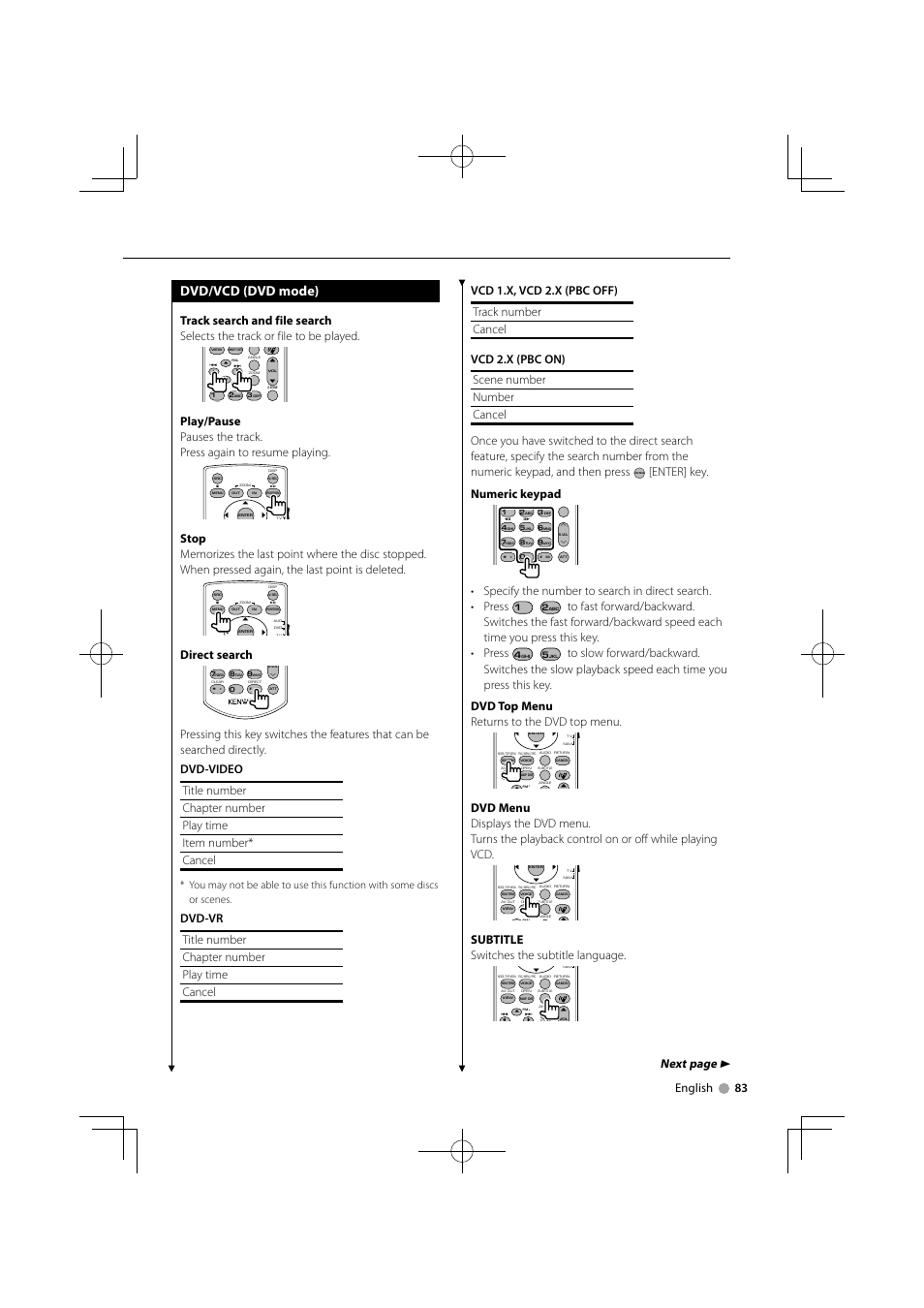 Dvd/vcd (dvd mode), Next page 3, Enter] key. numeric keypad | Subtitle switches the subtitle language, Direct search | Kenwood DNX9240BT User Manual | Page 83 / 100
