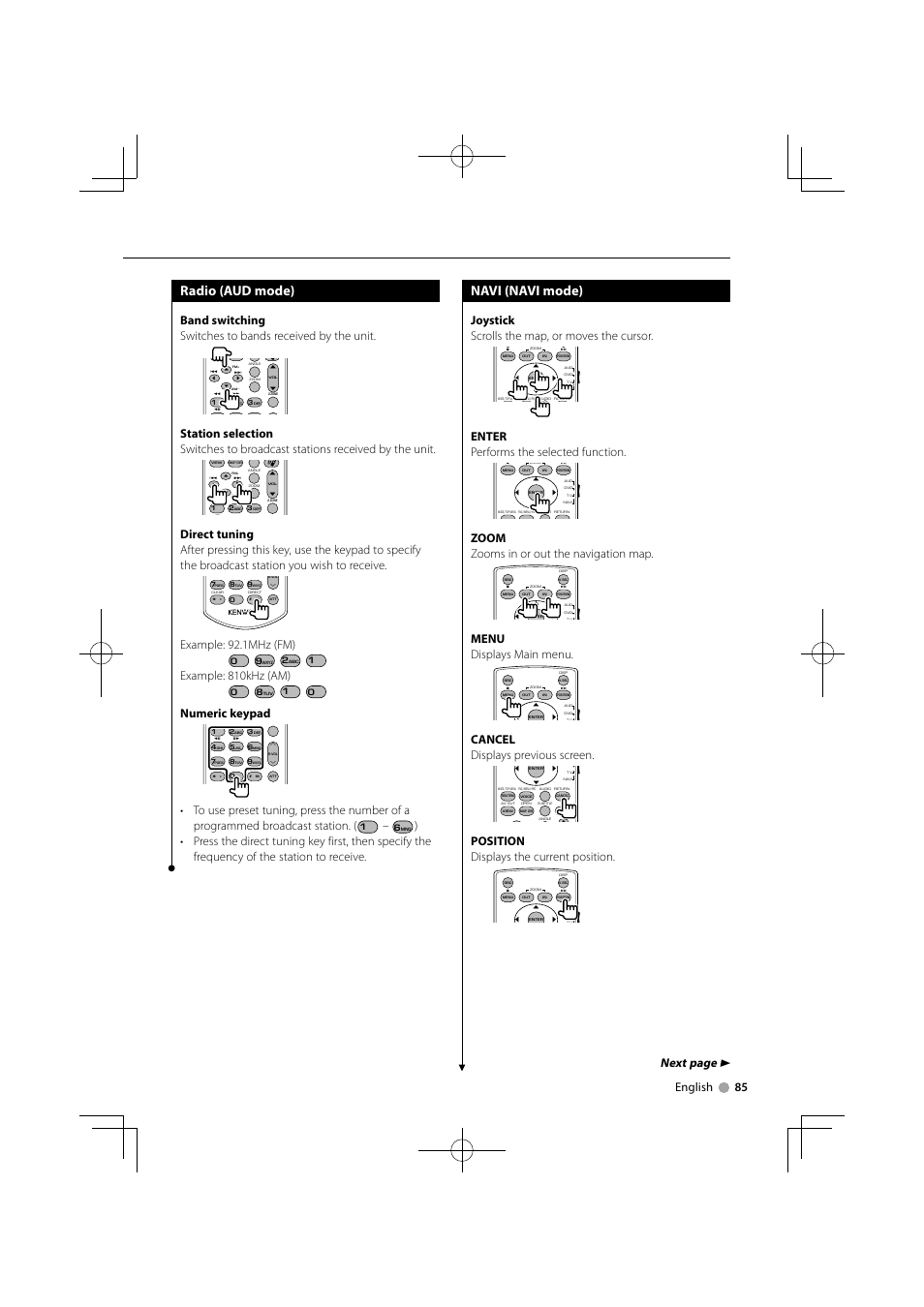 Radio (aud mode), Navi (navi mode), Next page 3 | English 85, Example: 92.1mhz (fm), Example: 810khz (am), Numeric keypad, Joystick scrolls the map, or moves the cursor, Enter performs the selected function, Zoom zooms in or out the navigation map | Kenwood DNX9240BT User Manual | Page 85 / 100