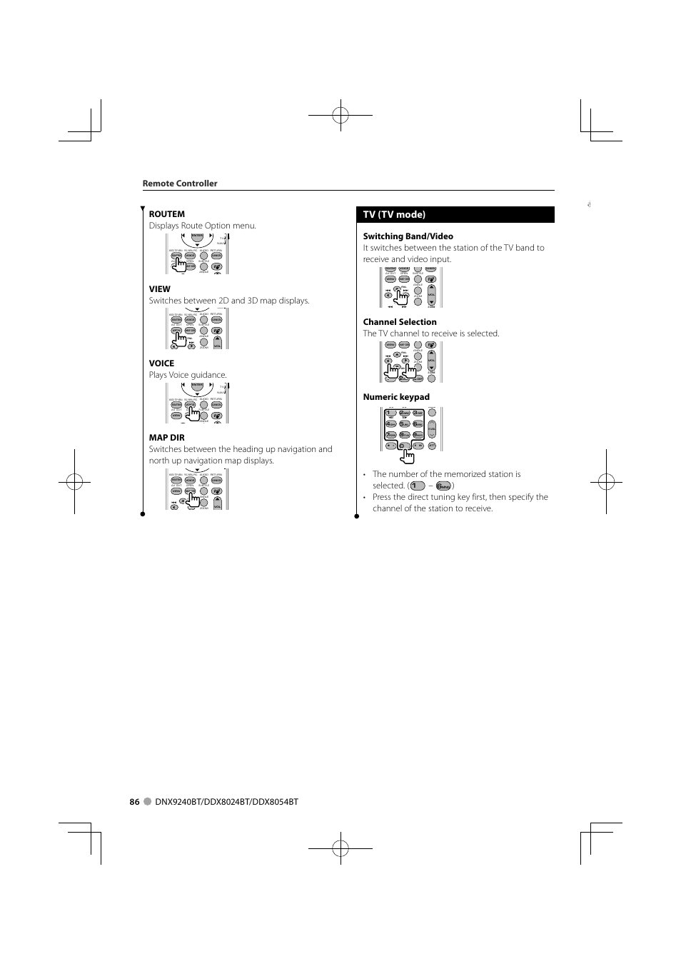 Tv (tv mode), Numeric keypad, View switches between 2d and 3d map displays | Voice plays voice guidance, Remote controller | Kenwood DNX9240BT User Manual | Page 86 / 100