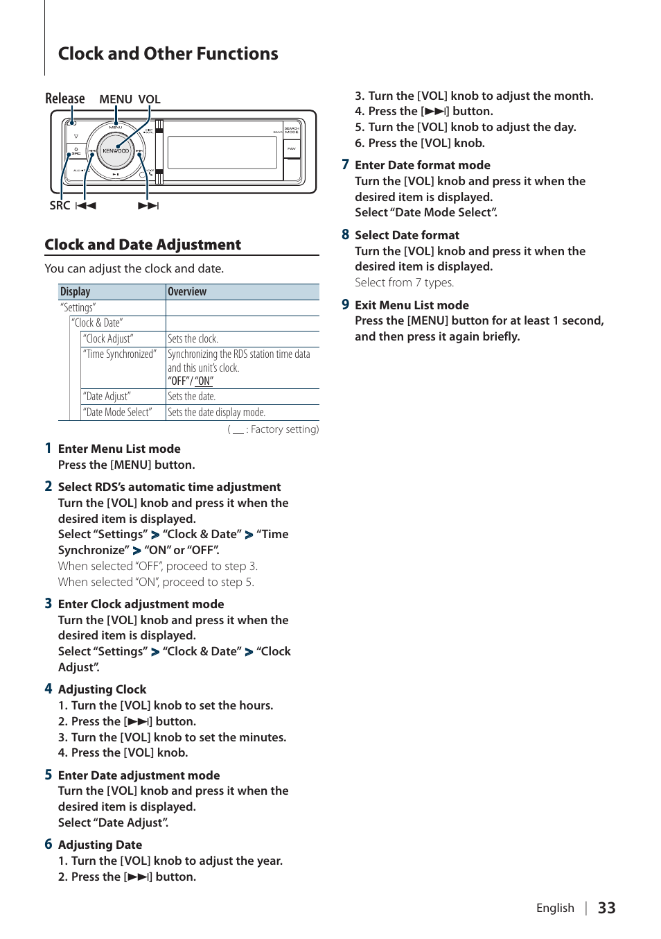Clock and other functions, Clock and date adjustment | Kenwood KDC-BT60U User Manual | Page 33 / 72