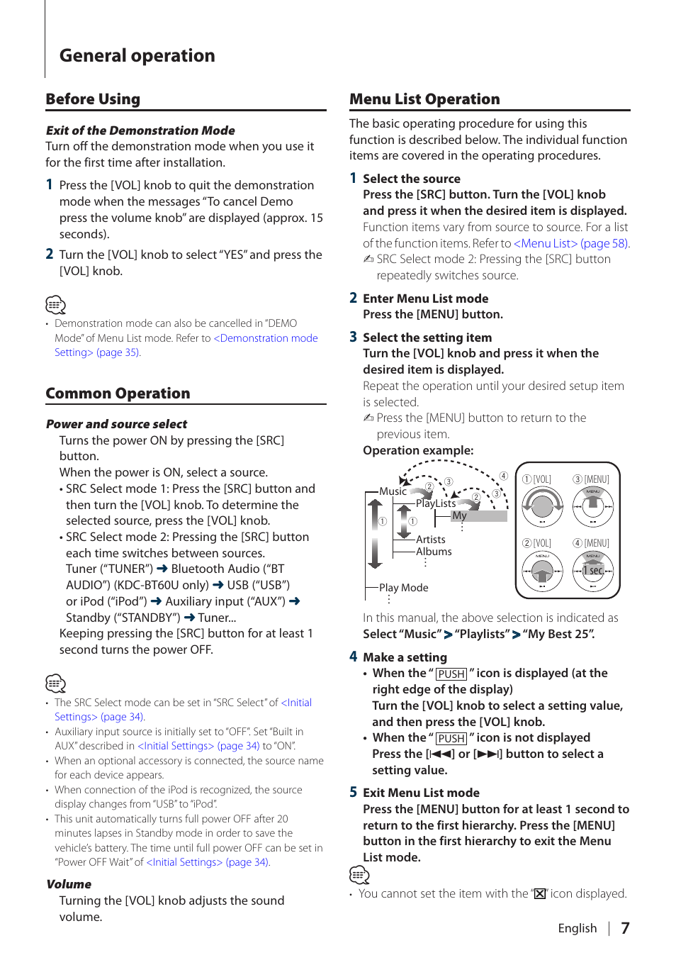 General operation, Before using, Common operation | Menu list operation, Before using common operation menu list operation, Menu list | Kenwood KDC-BT60U User Manual | Page 7 / 72