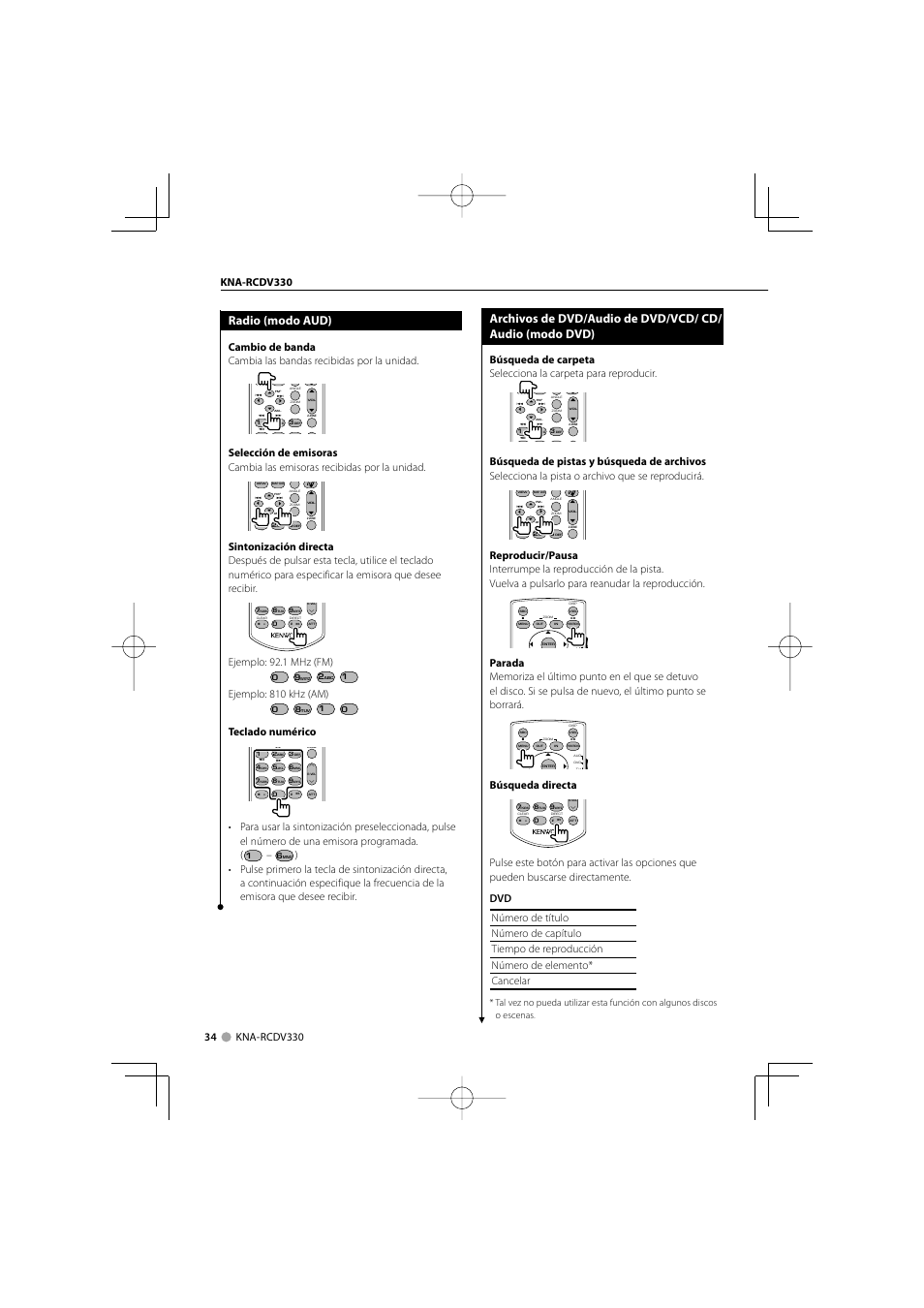 Radio (modo aud), Búsqueda directa, Ejemplo: 92.1 mhz (fm) | Ejemplo: 810 khz (am), Teclado numérico | Kenwood KNA-RCDV331 User Manual | Page 4 / 7