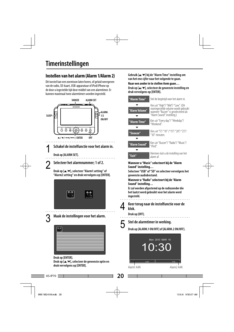 Timerinstellingen, Instellen van het alarm (alarm 1/alarm 2) | Kenwood AS-iP70 User Manual | Page 104 / 168