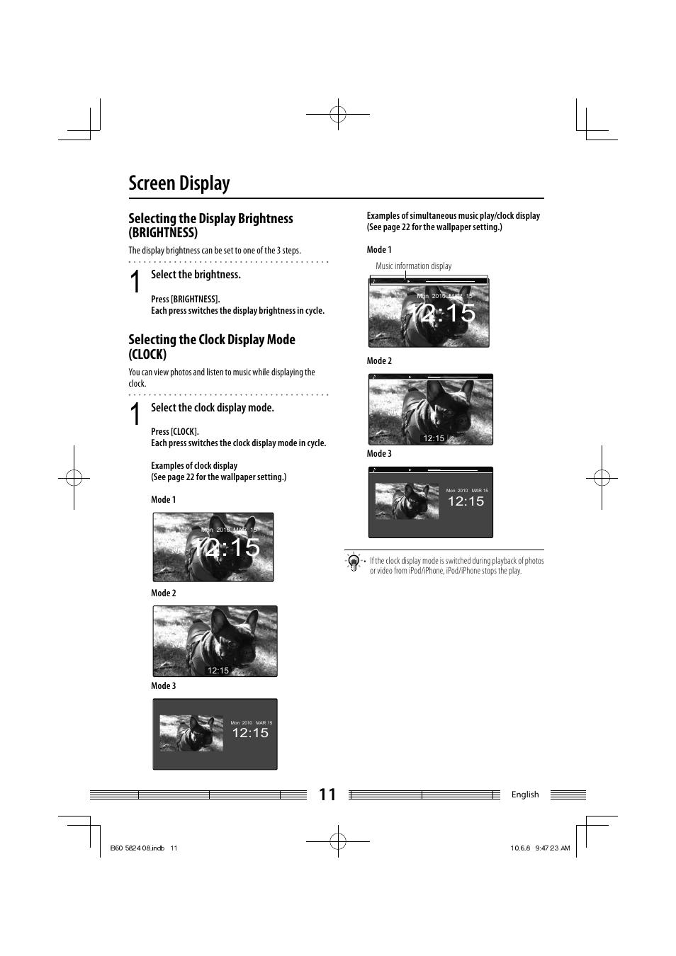 Screen display, Selecting the display brightness (brightness), Selecting the clock display mode (clock) | Kenwood AS-iP70 User Manual | Page 11 / 168