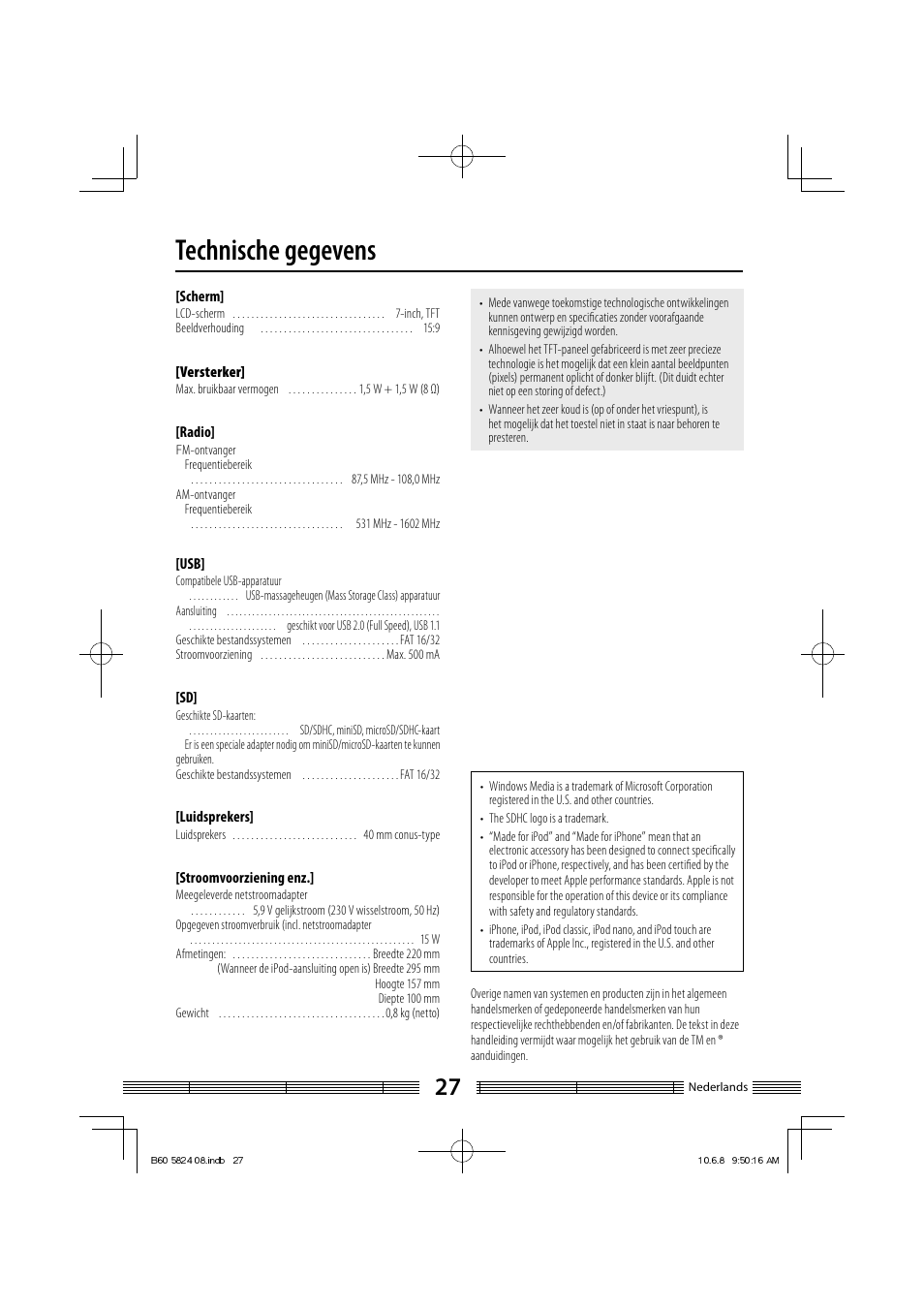 Technische gegevens | Kenwood AS-iP70 User Manual | Page 111 / 168