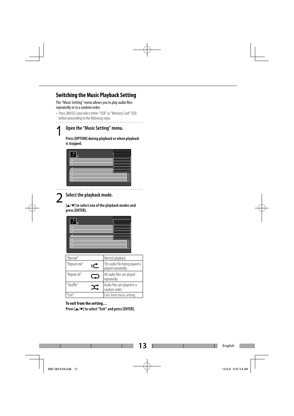 Switching the music playback setting, Open the “music setting” menu, Select the playback mode | Kenwood AS-iP70 User Manual | Page 13 / 168