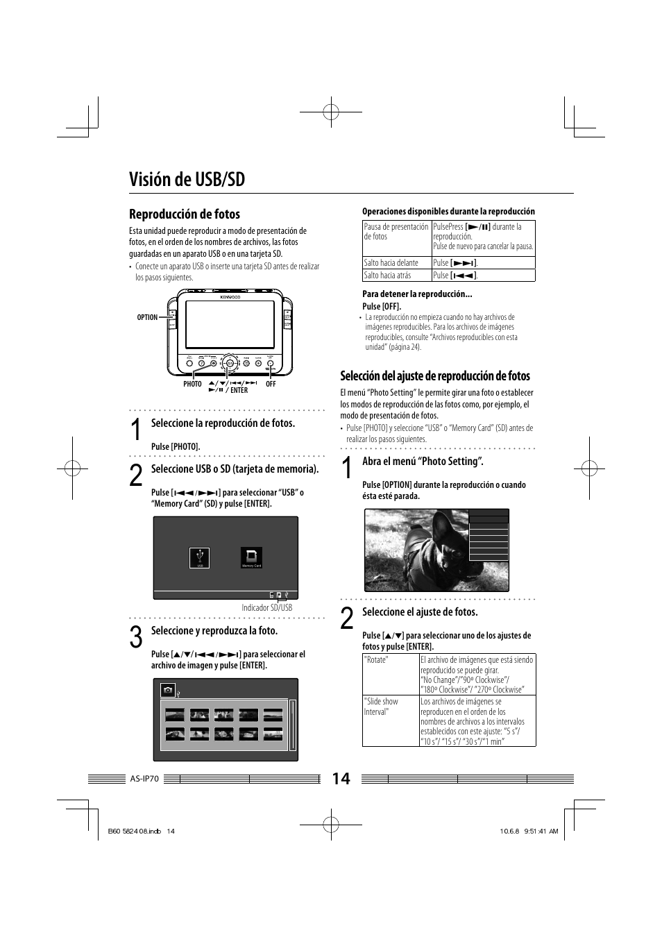 Visión de usb/sd, Reproducción de fotos, Selección del ajuste de reproducción de fotos | Kenwood AS-iP70 User Manual | Page 154 / 168
