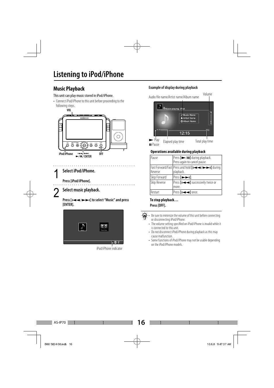 Listening to ipod/iphone, Music playback | Kenwood AS-iP70 User Manual | Page 16 / 168