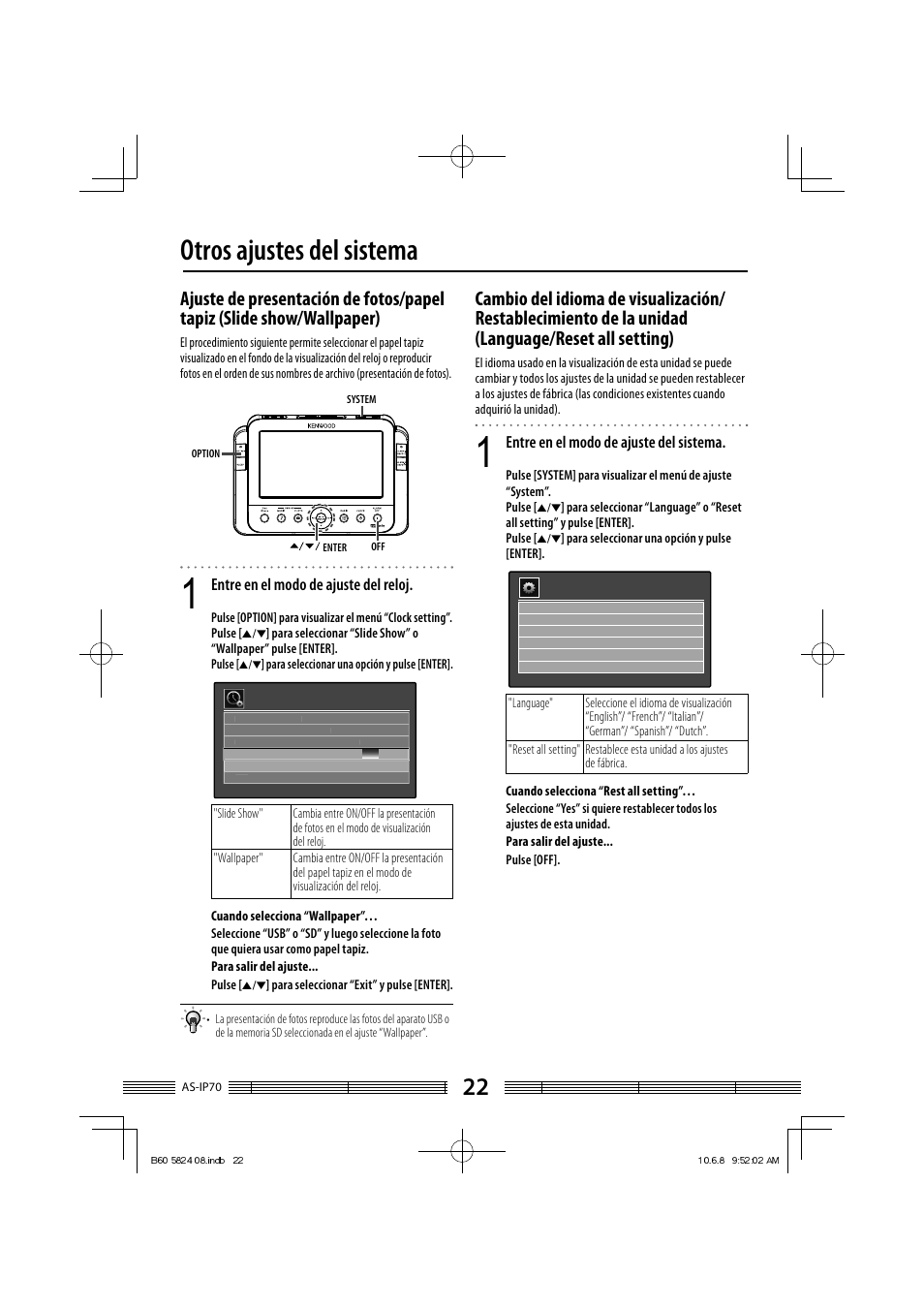 Otros ajustes del sistema, Entre en el modo de ajuste del reloj, Entre en el modo de ajuste del sistema | Kenwood AS-iP70 User Manual | Page 162 / 168
