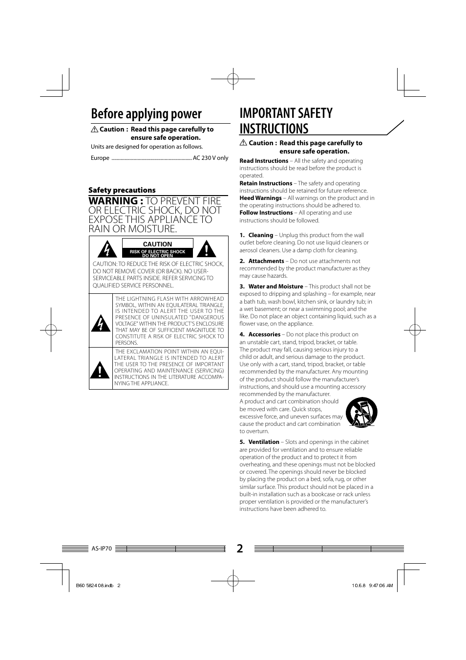 Before applying power, Important safety instructions | Kenwood AS-iP70 User Manual | Page 2 / 168