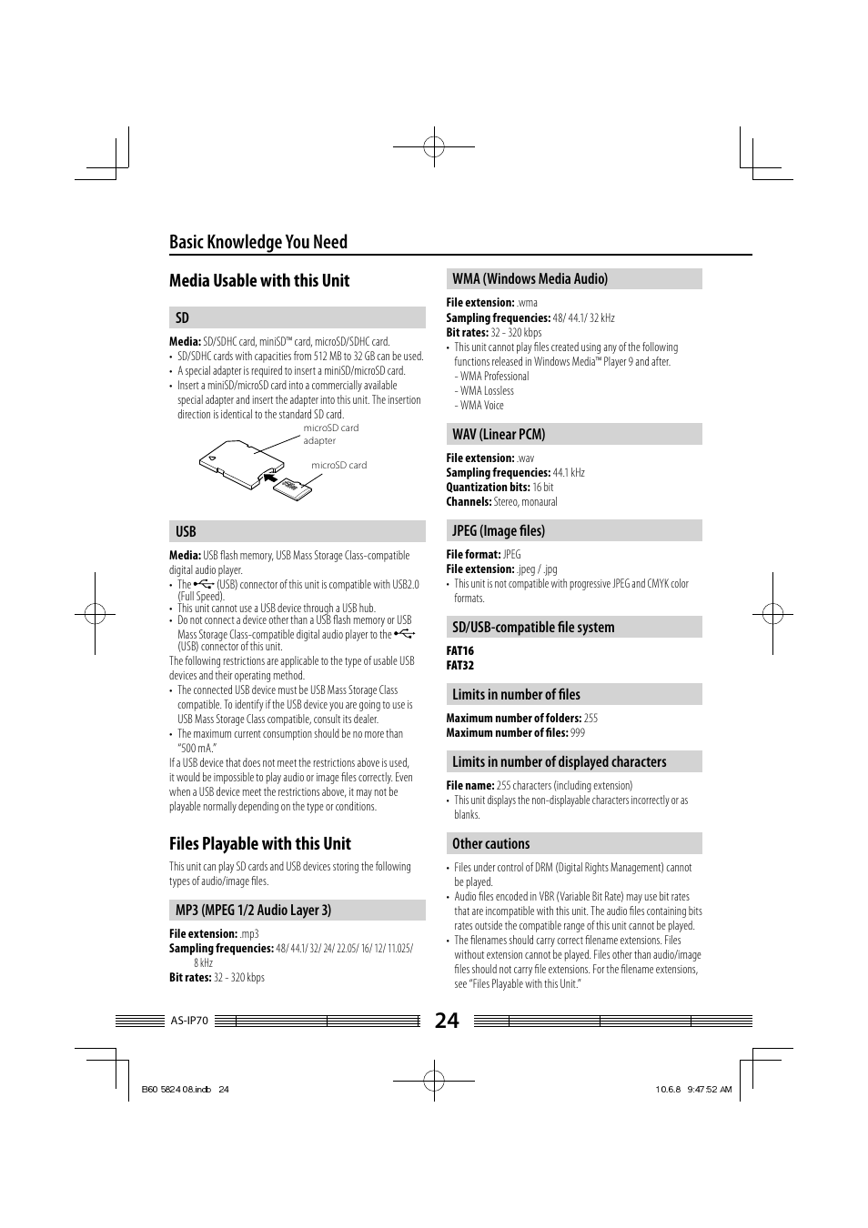 Basic knowledge you need, Media usable with this unit, Files playable with this unit | Kenwood AS-iP70 User Manual | Page 24 / 168