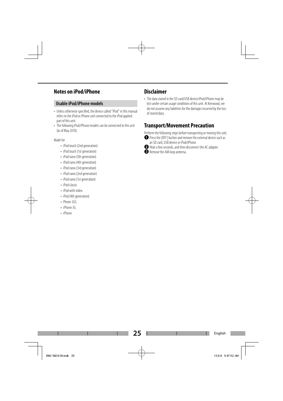 Disclaimer, Transport/movement precaution | Kenwood AS-iP70 User Manual | Page 25 / 168