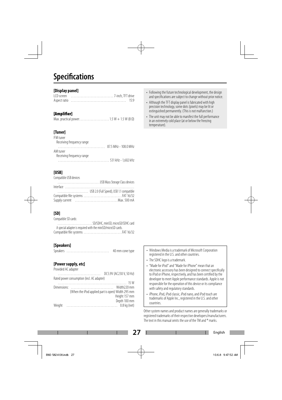 Speciﬁ cations | Kenwood AS-iP70 User Manual | Page 27 / 168