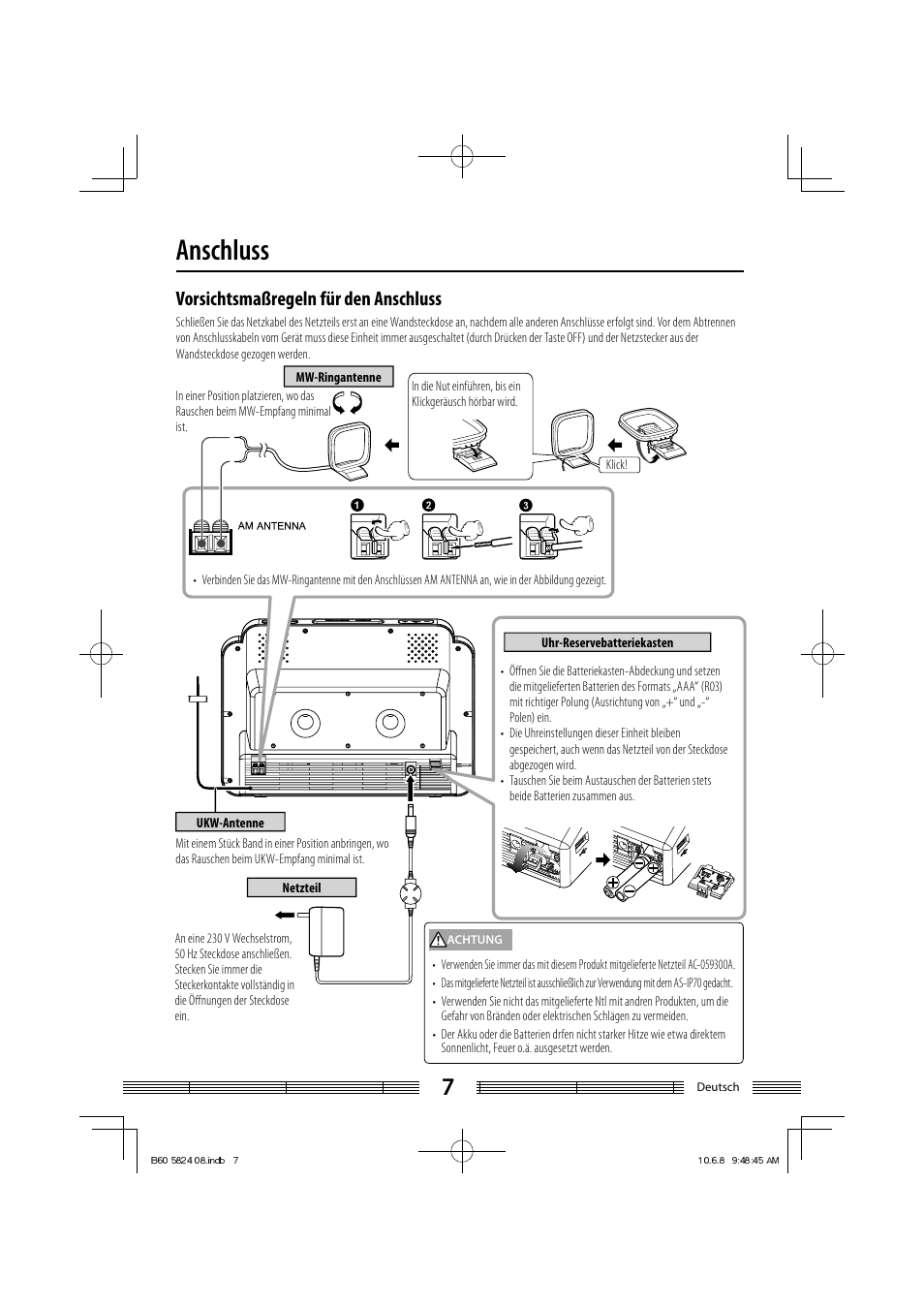 Anschluss, Vorsichtsmaßregeln für den anschluss | Kenwood AS-iP70 User Manual | Page 63 / 168
