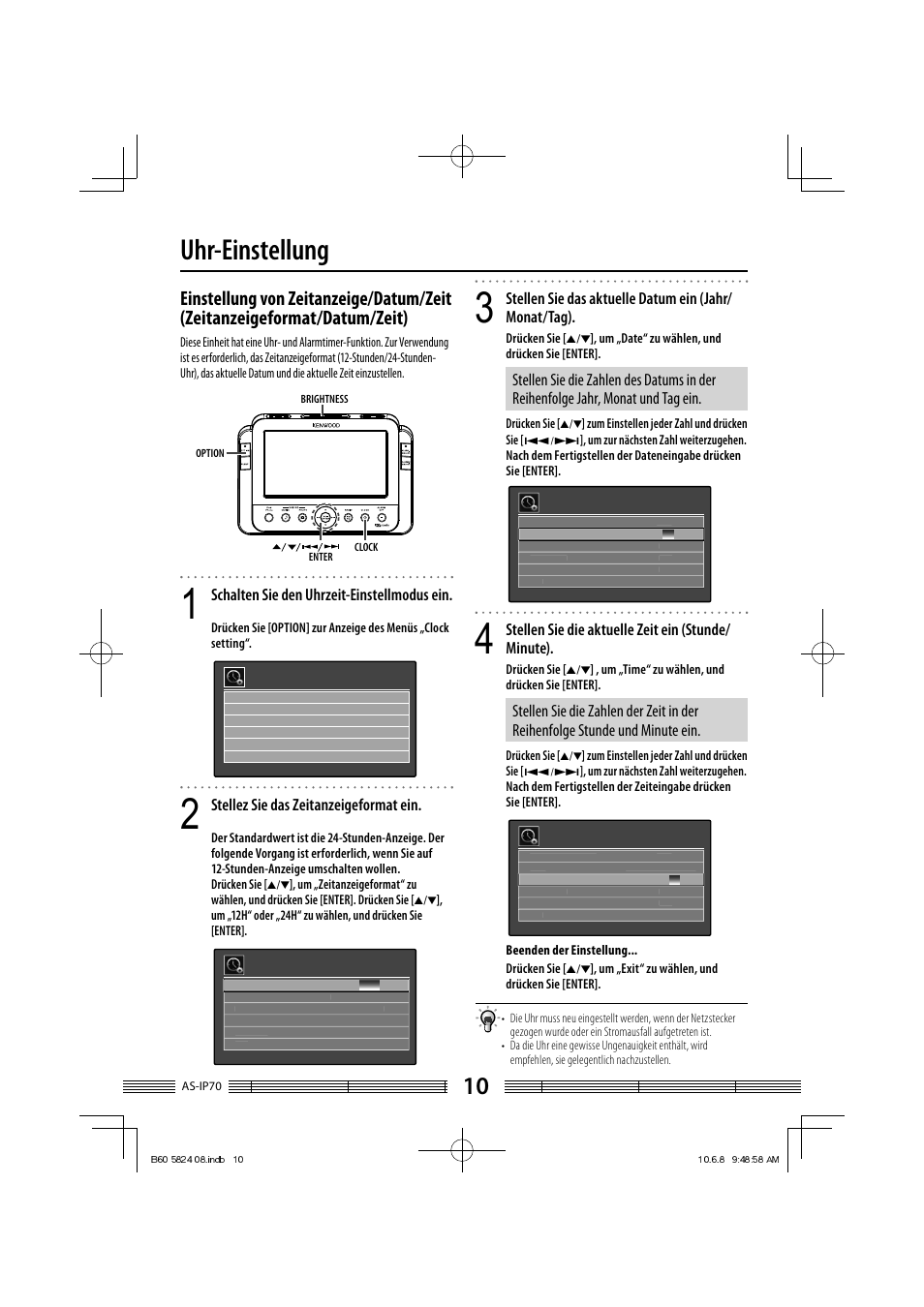 Uhr-einstellung, Schalten sie den uhrzeit-einstellmodus ein, Stellez sie das zeitanzeigeformat ein | Stellen sie die aktuelle zeit ein (stunde/ minute) | Kenwood AS-iP70 User Manual | Page 66 / 168