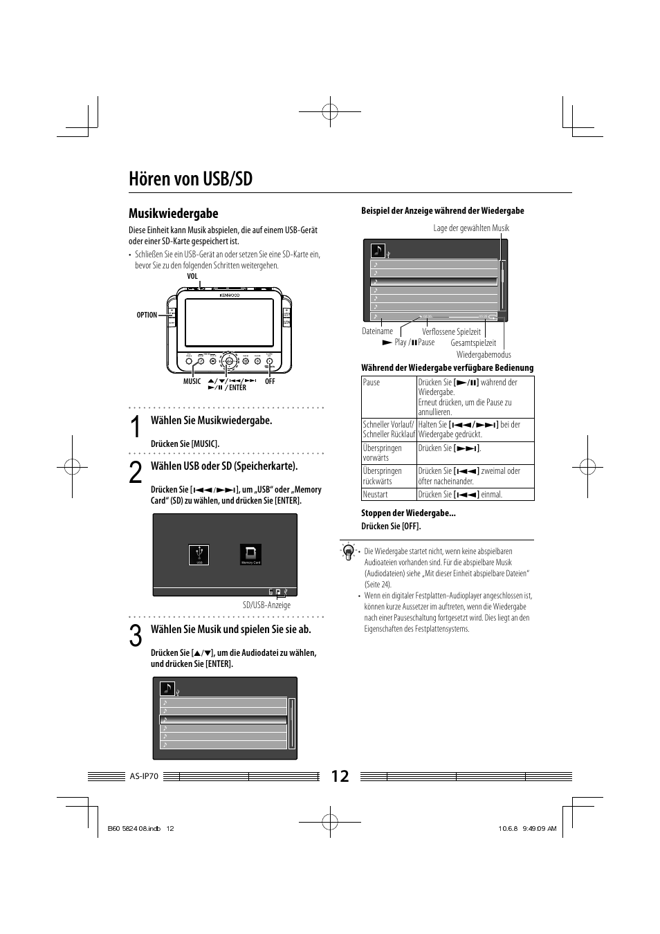 Hören von usb/sd, Musikwiedergabe, Wählen sie musikwiedergabe | Wählen usb oder sd (speicherkarte), Wählen sie musik und spielen sie sie ab | Kenwood AS-iP70 User Manual | Page 68 / 168