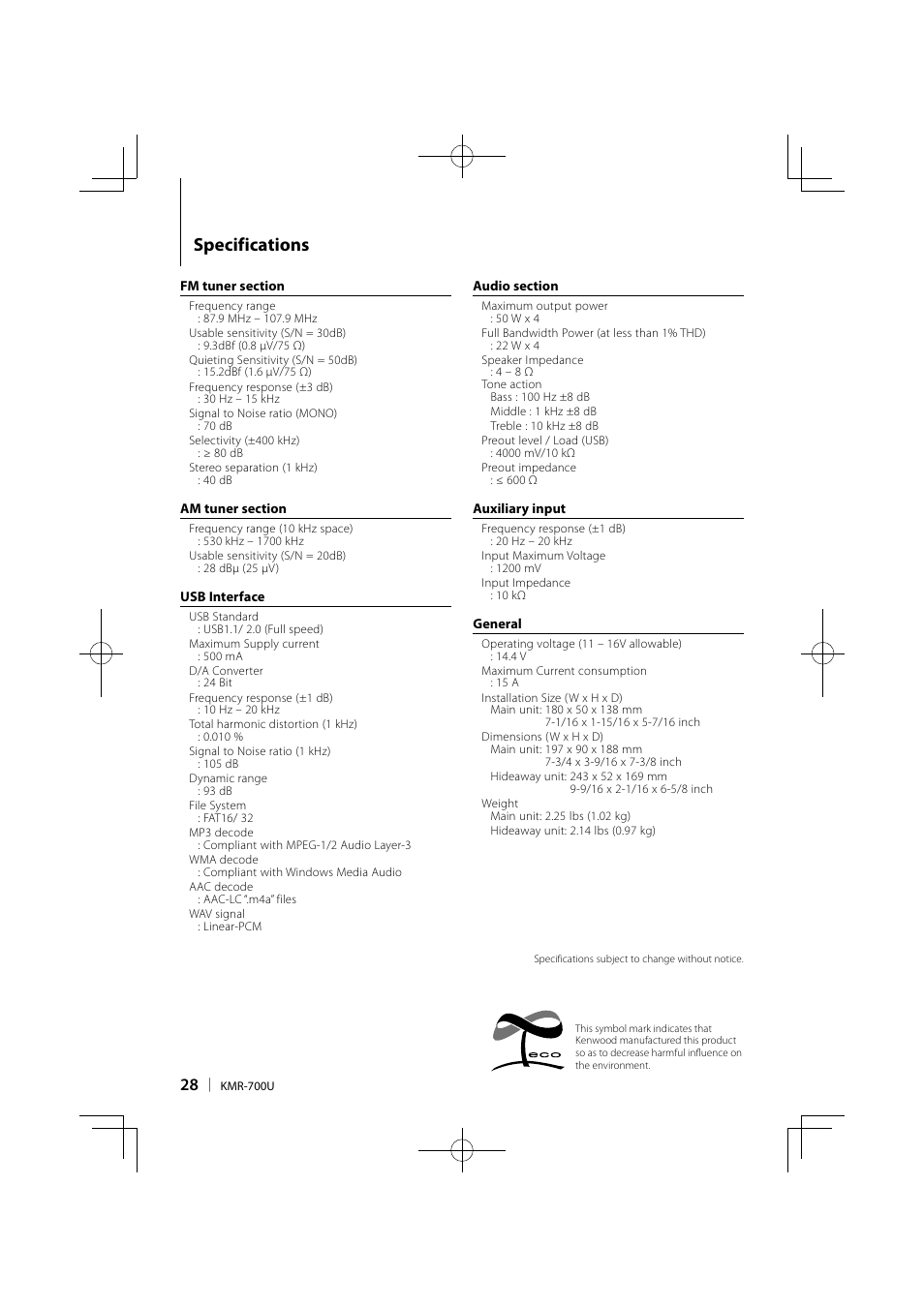 Specifications | Kenwood KMR-700U User Manual | Page 28 / 28