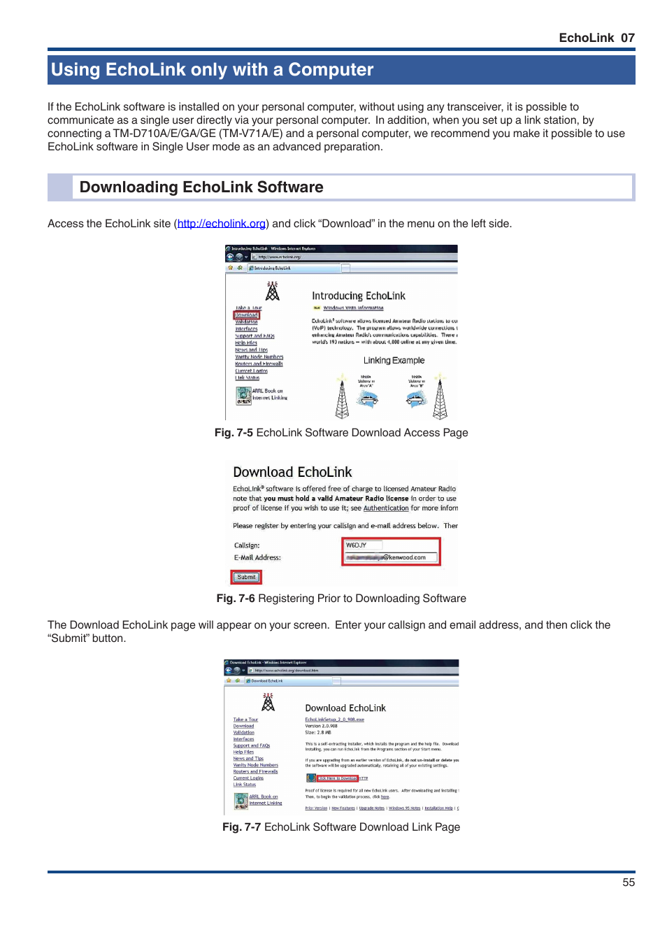 Using echolink only with a computer, Downloading echolink software | Kenwood TM-D710GE User Manual | Page 59 / 108