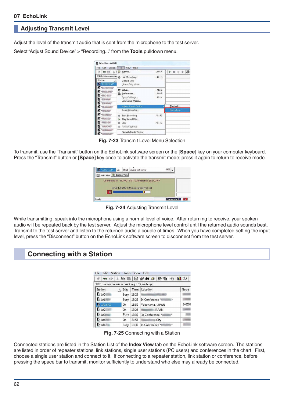 Adjusting transmit level, Connecting with a station | Kenwood TM-D710GE User Manual | Page 66 / 108