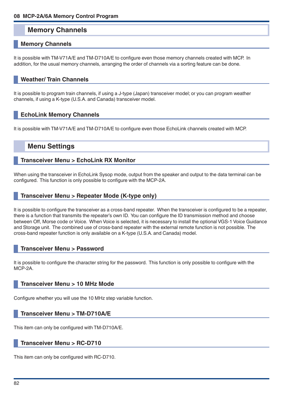 Memory channels, Weather/ train channels, Echolink memory channels | Menu settings, Transceiver menu > echolink rx monitor, Transceiver menu > repeater mode (k-type only), Transceiver menu > password, Transceiver menu > 10 mhz mode, Transceiver menu > tm‑d710a/e, Transceiver menu > rc‑d710 | Kenwood TM-D710GE User Manual | Page 86 / 108