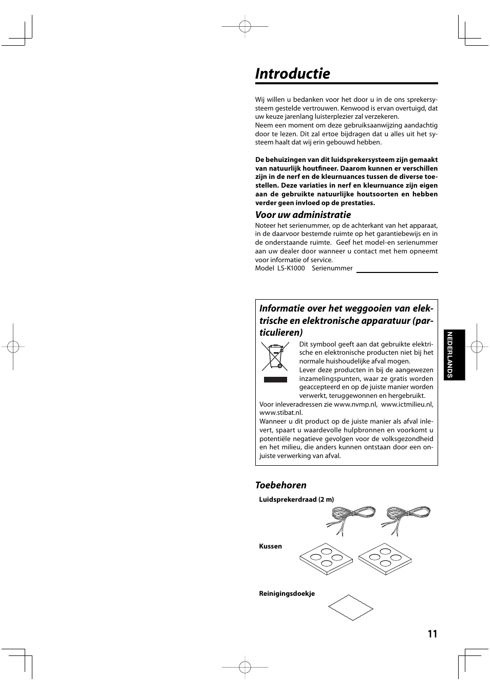 Introductie, Voor uw administratie, Toebehoren | Kenwood K-1000-B User Manual | Page 11 / 20