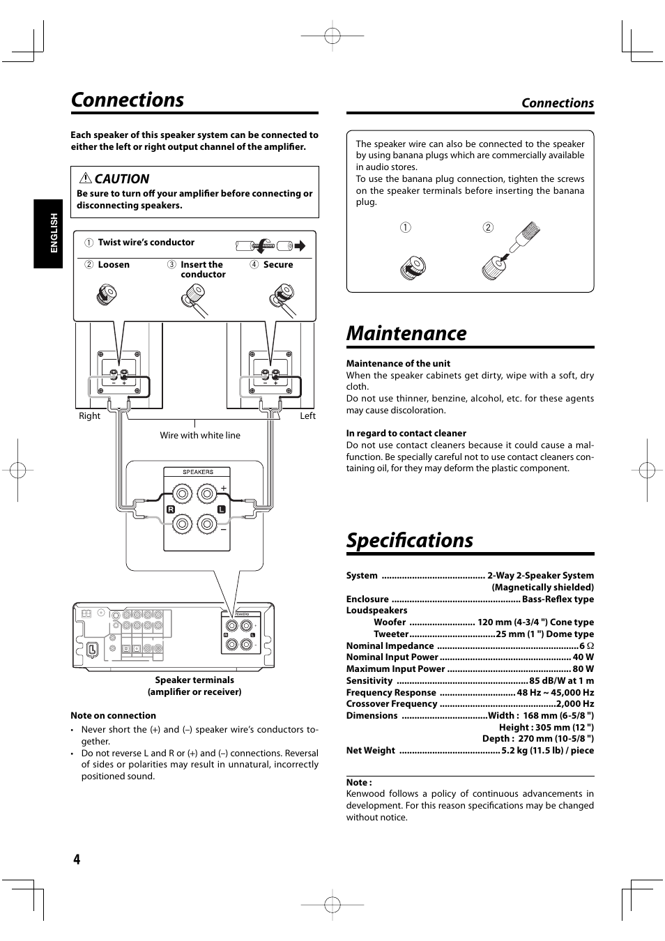Connections, Specifi cations, Maintenance | Caution | Kenwood K-1000-B User Manual | Page 4 / 20