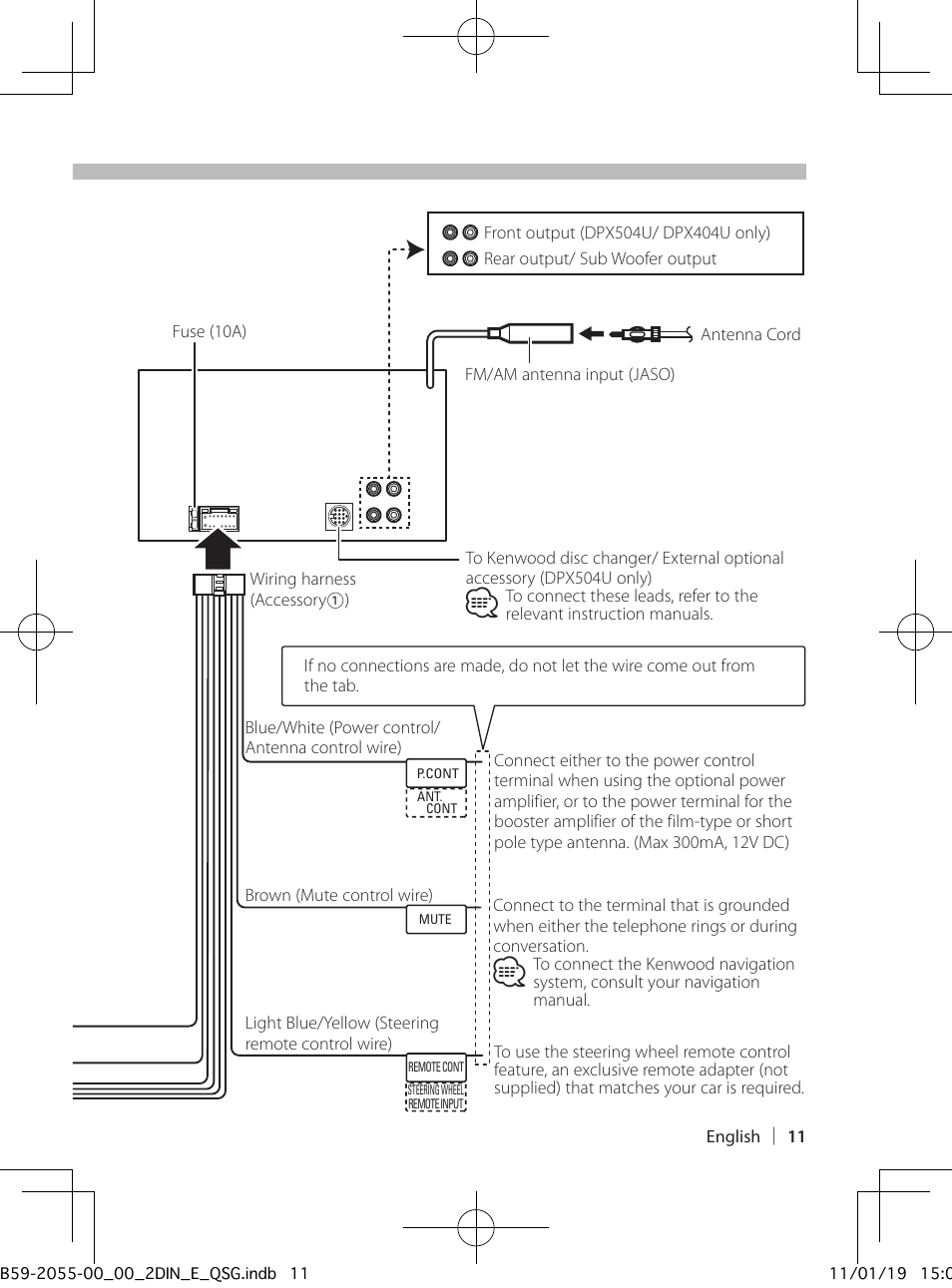 Connecting wires to terminals | Kenwood DPX504U User Manual | Page 11 / 112