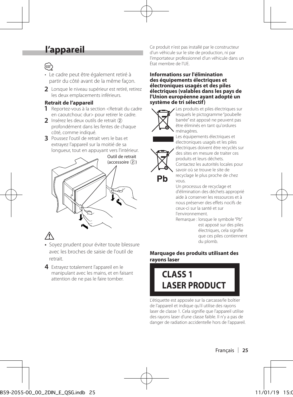 Installation/retrait de l’appareil, Class 1 laser product | Kenwood DPX504U User Manual | Page 25 / 112