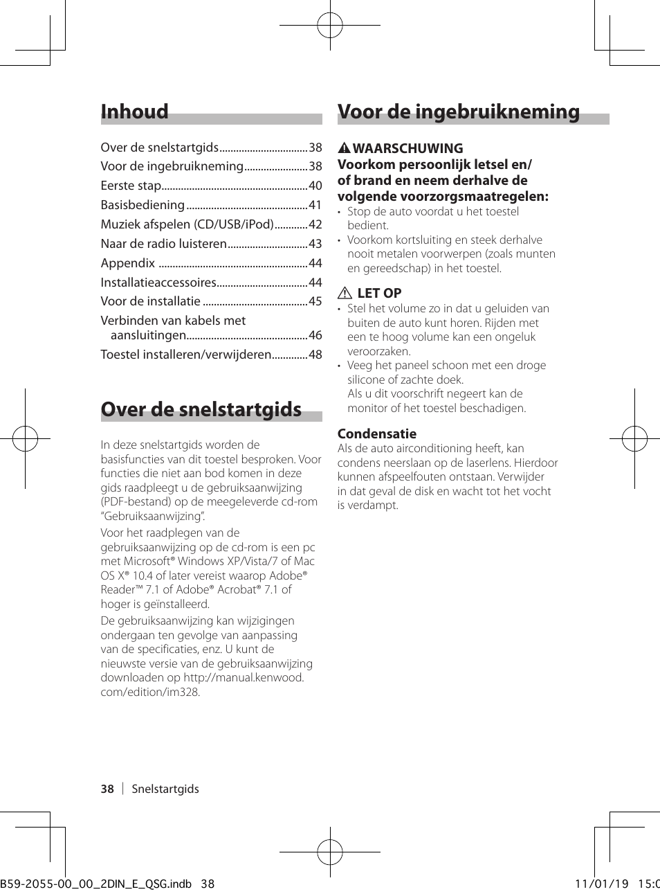 Inhoud, Over de snelstartgids, Voor de ingebruikneming | Kenwood DPX504U User Manual | Page 38 / 112