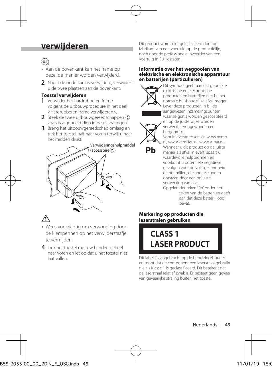 Toestel installeren/ verwijderen, Class 1 laser product | Kenwood DPX504U User Manual | Page 49 / 112