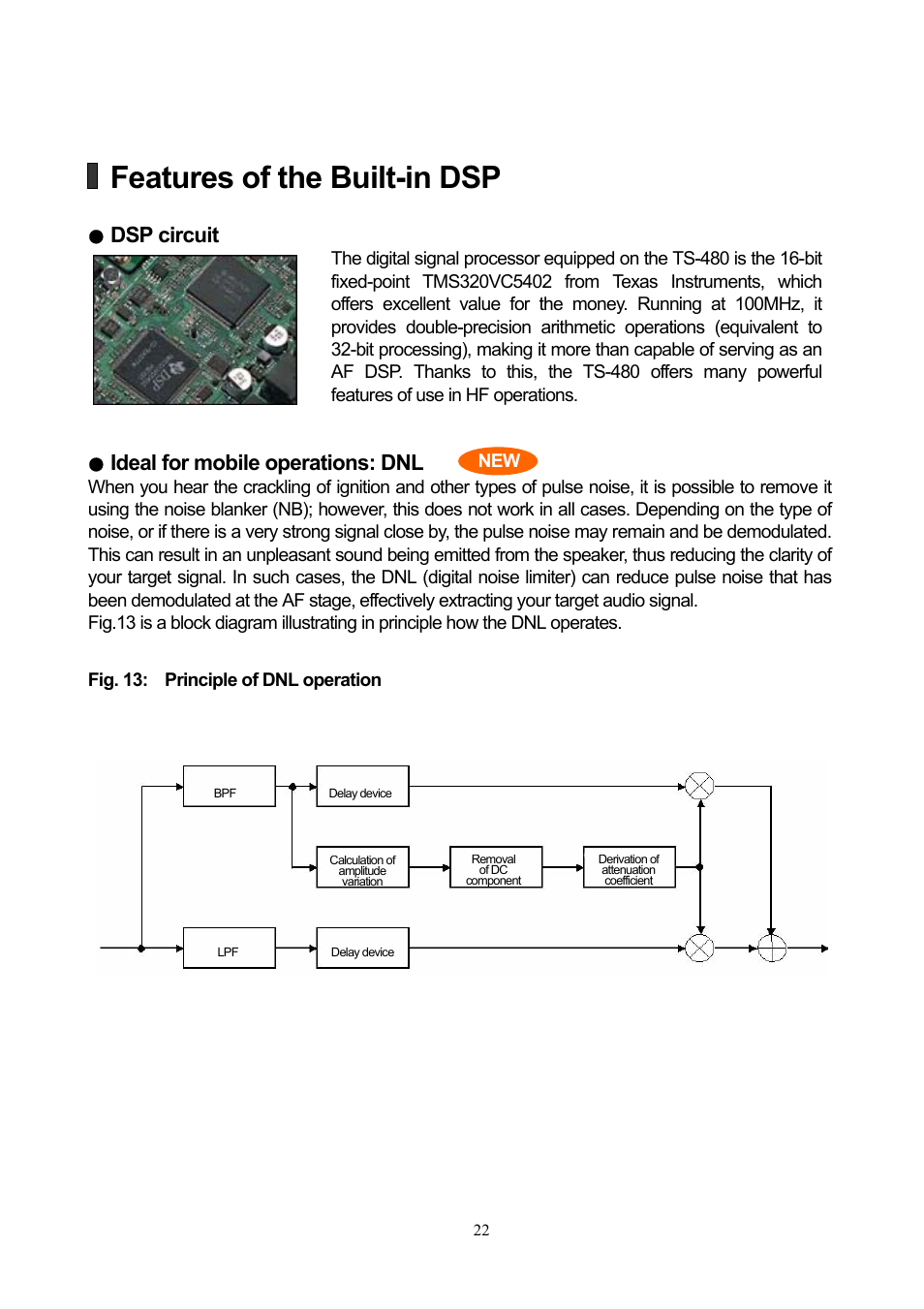 Features of the built-in dsp, Dsp circuit, Ideal for mobile operations: dnl | Kenwood TS-480HX User Manual | Page 22 / 59