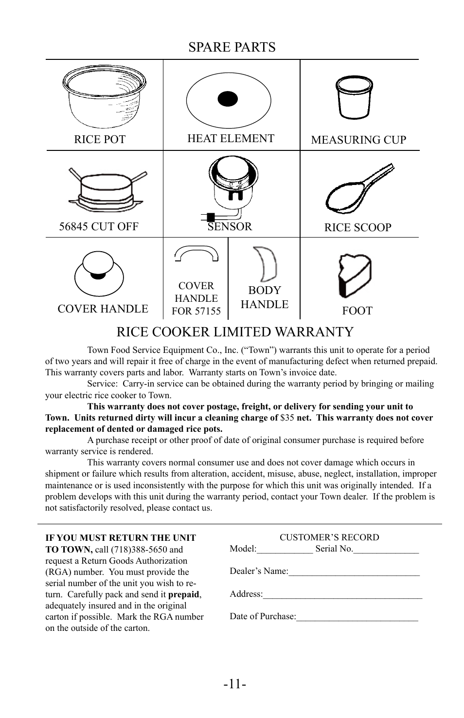 Spare parts, Rice cooker limited warranty | Town RiceMaster Electric Ricecookers User Manual | Page 11 / 12