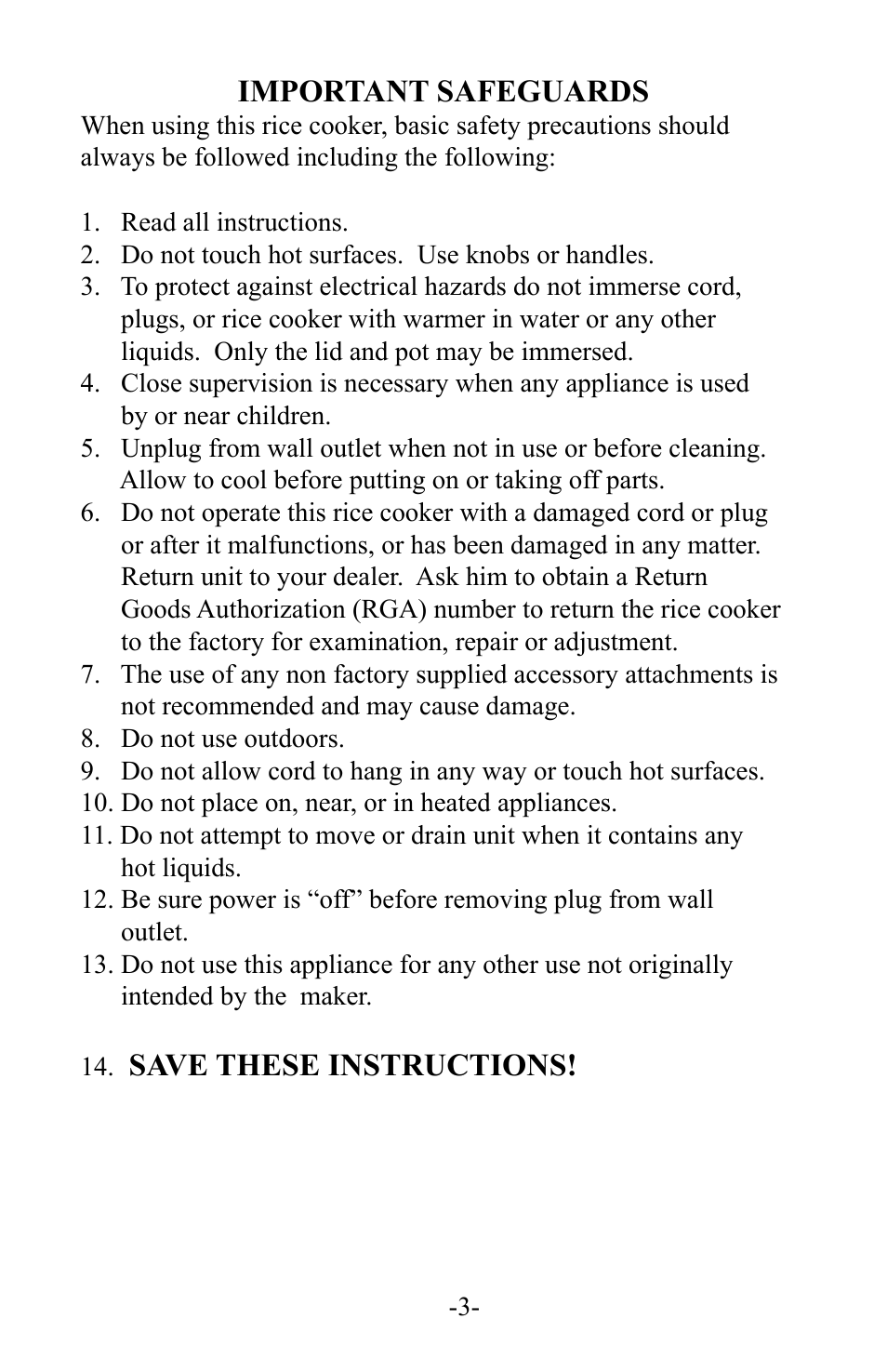 Important safeguards, Save these instructions | Town RiceMaster Electric Ricecookers User Manual | Page 3 / 12