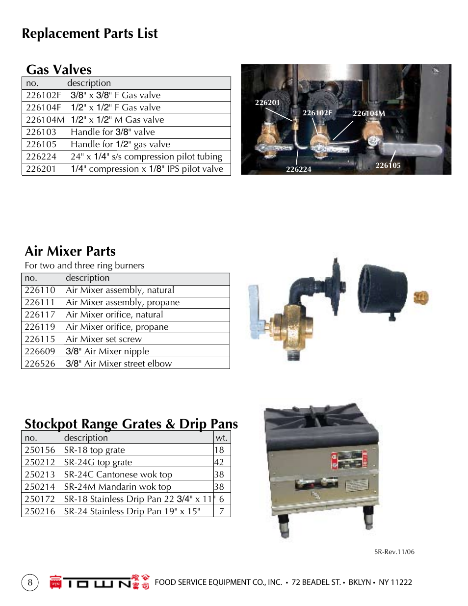 Stockpot range grates & drip pans, Gas valves, Replacement parts list air mixer parts | Town G-Stock Pot Stove User Manual | Page 8 / 8