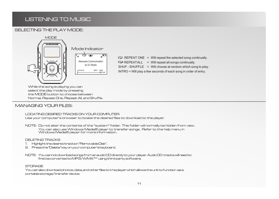 Listening to music, Mode indicator, Selecting the play mode: managing your files | Alienware D9090 User Manual | Page 11 / 21