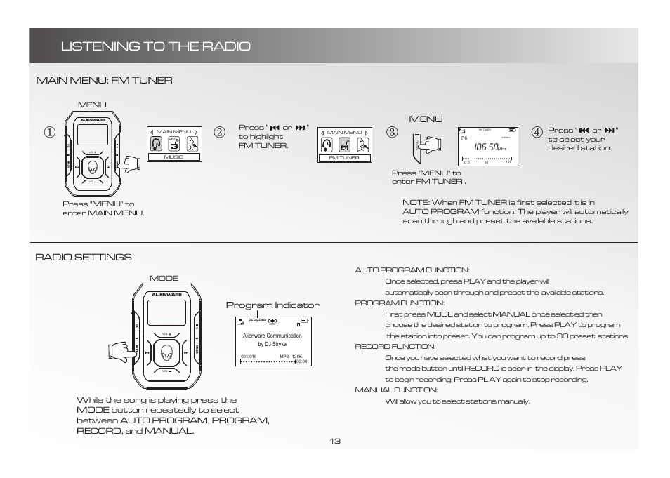 Listening to the radio, I06.50, Program indicator | Main menu: fm tuner radio settings | Alienware D9090 User Manual | Page 13 / 21