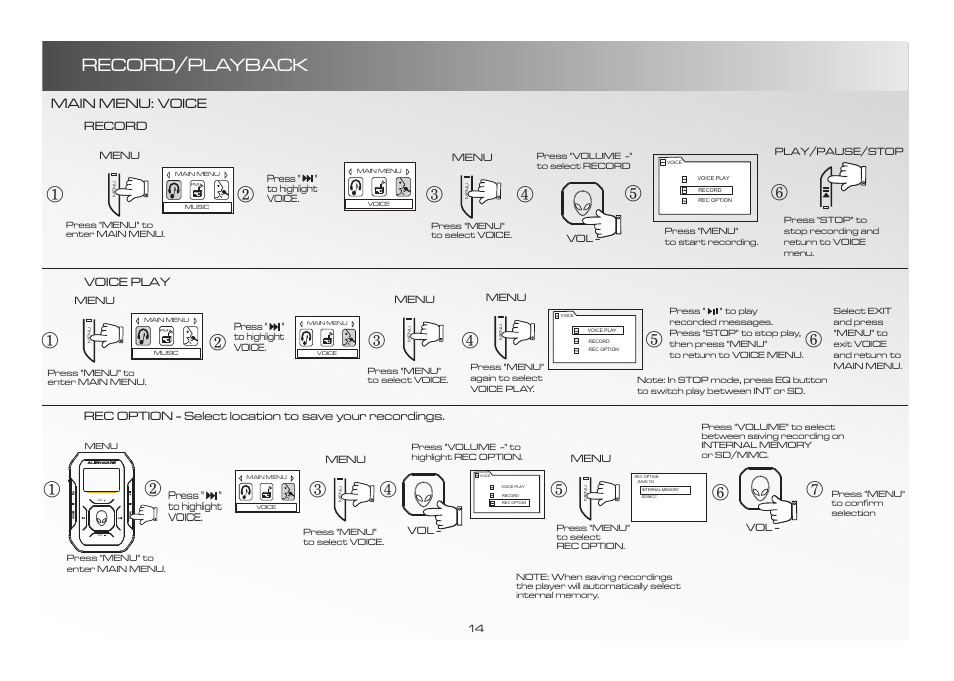 Record/playback, Main menu: voice | Alienware D9090 User Manual | Page 14 / 21