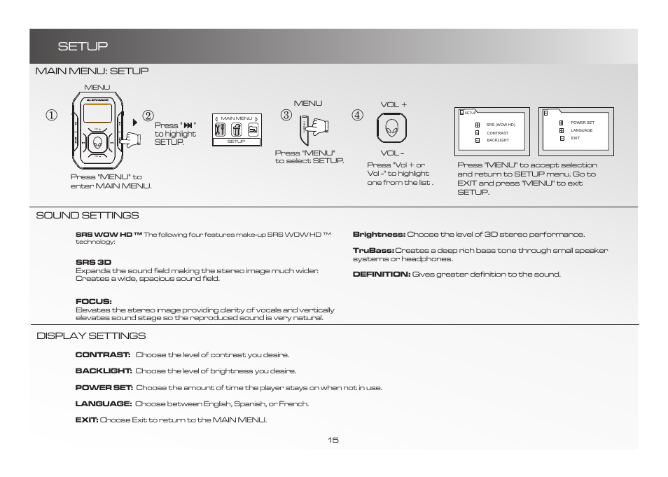 Setup, Main menu: setup sound settings display settings | Alienware D9090 User Manual | Page 15 / 21