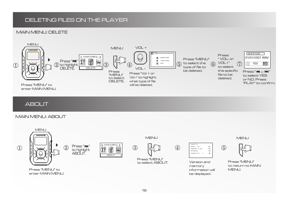 Deleting files on the player about | Alienware D9090 User Manual | Page 16 / 21