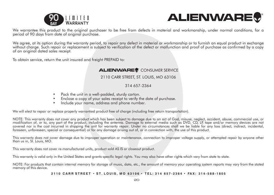 Warranty | Alienware D9090 User Manual | Page 20 / 21