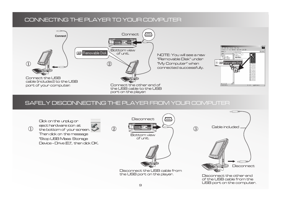 Connecting the player to your computer, Safely disconnecting the player from your computer | Alienware D9090 User Manual | Page 9 / 21