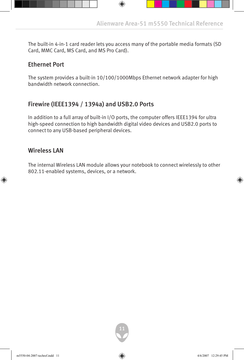 Ethernet port, Firewire (ieee1 / 1a) and usb.0 ports, Wireless lan | Alienware Area-51 m5550 User Manual | Page 11 / 92