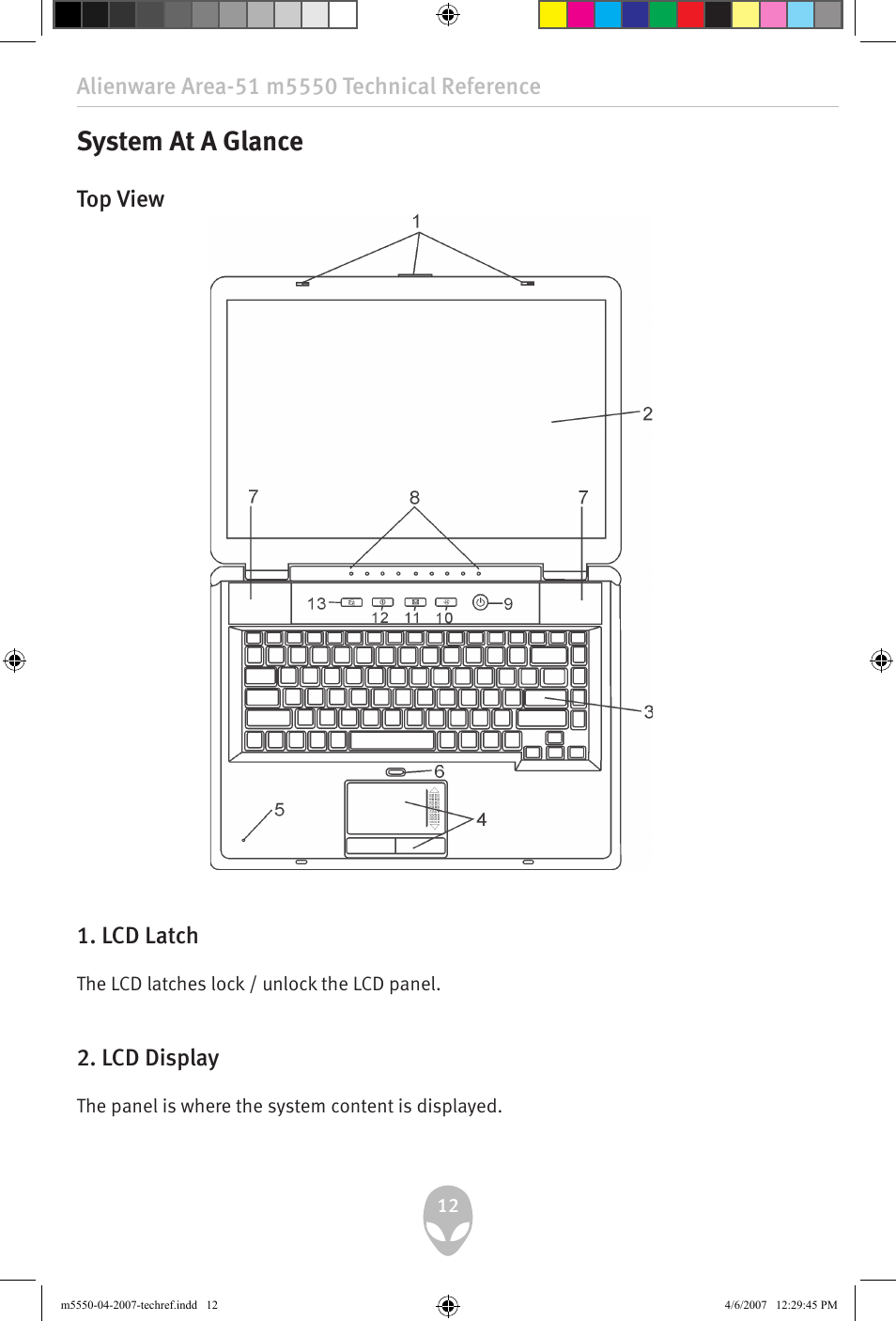 System at a glance, Top view 1. lcd latch, Lcd display | Alienware Area-51 m5550 User Manual | Page 12 / 92