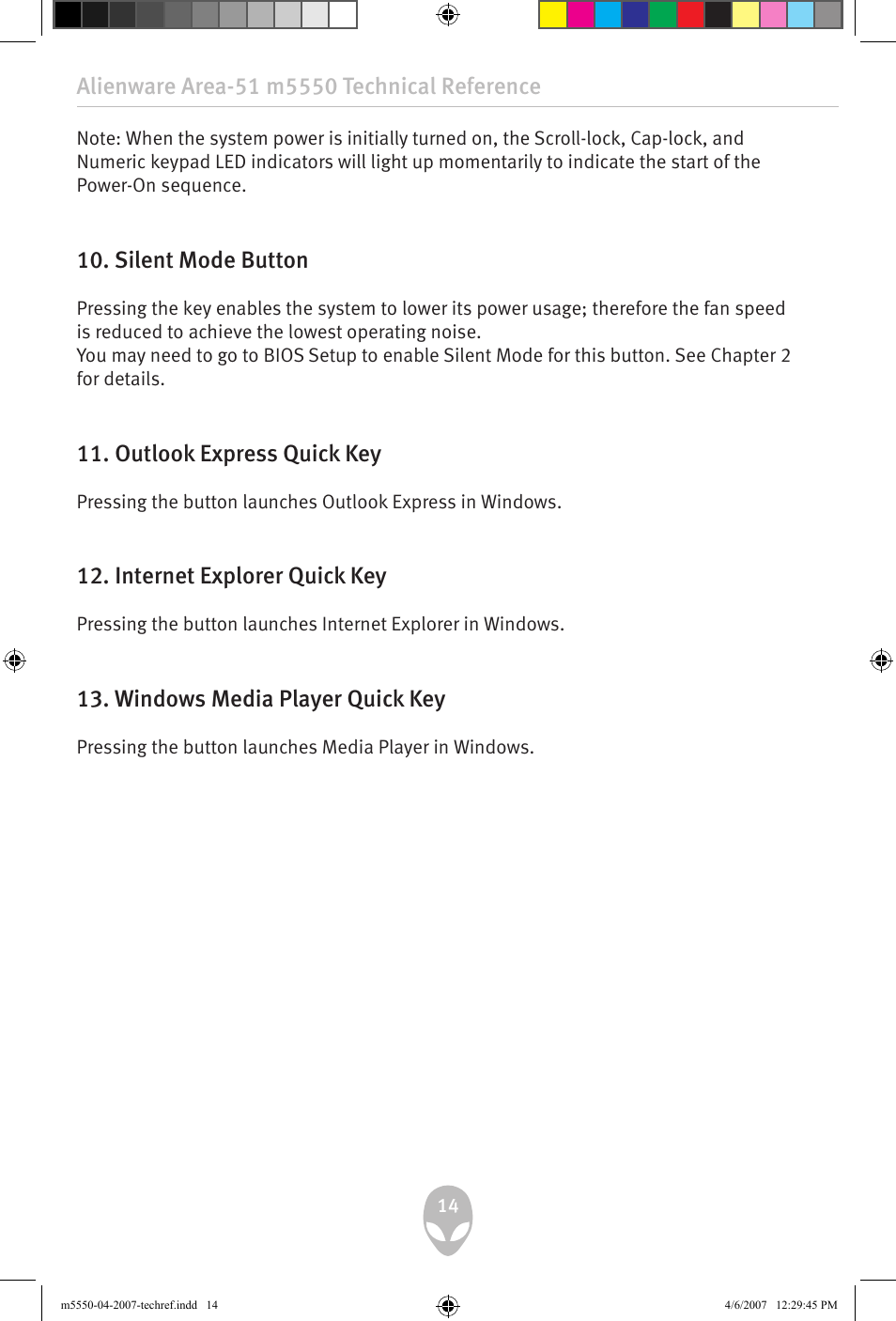 Silent mode button, Outlook express quick key, 1. internet explorer quick key | 1. windows media player quick key | Alienware Area-51 m5550 User Manual | Page 14 / 92