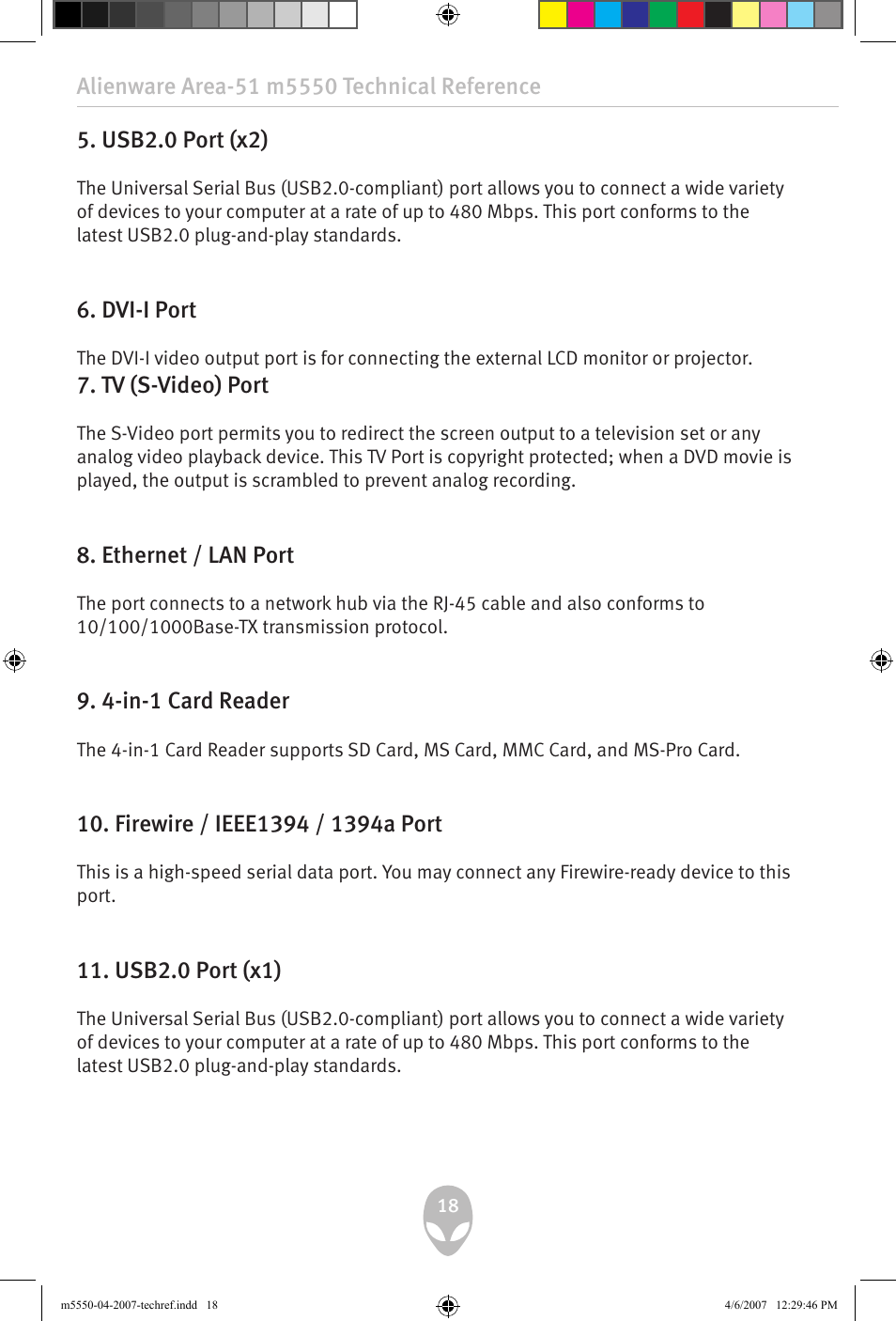 Usb.0 port (x), Dvi-i port, Tv (s-video) port | Ethernet / lan port, In-1 card reader, Firewire / ieee1 / 1a port, Usb.0 port (x1) | Alienware Area-51 m5550 User Manual | Page 18 / 92