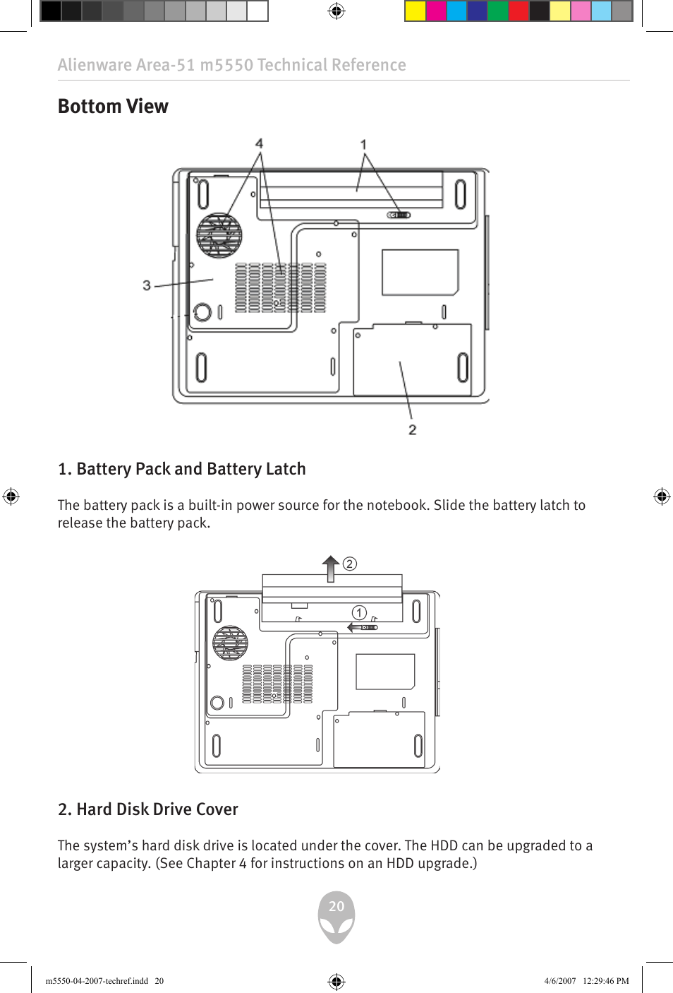 Bottom view, Battery pack and battery latch, Hard disk drive cover | Alienware Area-51 m5550 User Manual | Page 20 / 92