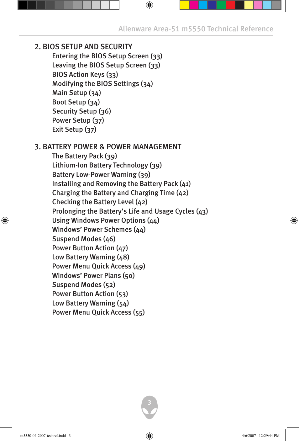 Bios setup and security, Battery power & power management | Alienware Area-51 m5550 User Manual | Page 3 / 92